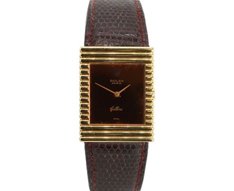 A gentlemen's 18ct gold Rolex Cellini mechanical strap watch, c.1970s,  ref.4012, the ribbed rectangular case, 25 x 32mm, wit