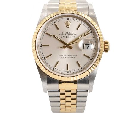 A gentlemen's bi-metal Rolex Datejust automatic bracelet watch, c.1999,  ref.16233, 36mm case, with a silvered dial, gilt rai