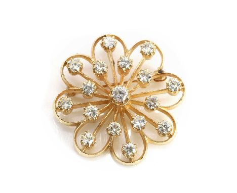 A diamond brooch, with seventeen round brilliant cut diamonds, total estimated diamond weight 1.80 ct, all claw set, in a flo