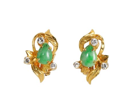 A pair of jade and diamond earrings, each with a pear cabochon jade, surrounded by three small round brilliant cut diamonds, 