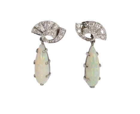 A pair of diamond and opal drop earrings, each headed by a swirl ribbon panel set with eight cut diamonds, suspending an arti