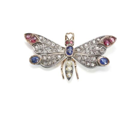 A late Victorian diamond, ruby, sapphire and pearl butterfly brooch, with an oval mixed cut sapphire rub set to the thorax, t