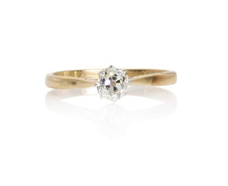 A diamond single stone ring,  the old cut diamond, 4.60 x 5.00 x 3.30mm, claw set slightly off centre in a white rex collect,