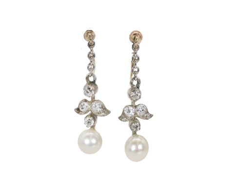 A pair of diamond and pearl drop earrings, the foliate drop set with old cut diamonds, and with a pearl to the bottom, untest
