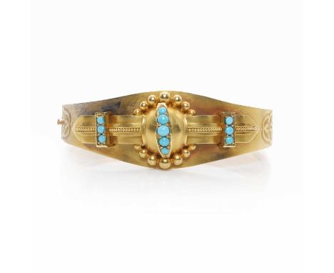A Victorian turquoise set hinged bangle, the central boss bead set with a line of graduated cabochon turquoise, to a beaded b