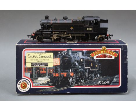 A boxed Bachmann 00 gauge Ivatt Class 2 2-6-2T British Railways steam locomotive in lined black livery.  
