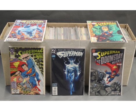 A box of mostly DC Comics, Superman in Action, Superman Man of Steel, Superman, Superman Annual Blood Lines, Superman Special