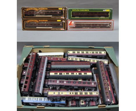 A box of 35 Lima, Bachmann, Mainline, and other 00 gauge passenger coaches. 