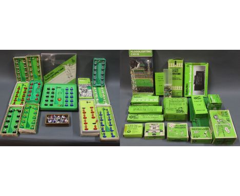 A box lot of Subbuteo football accessories. The lot comprising 7 complete sets of 00 scale football teams (track suited, QPR,