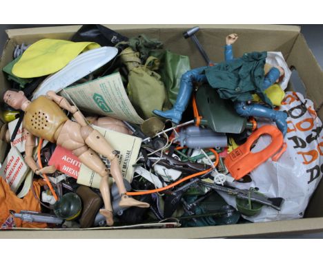 A box of 1960's Hasbro and Marx action figures, accessories, and outfits.