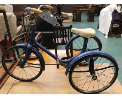 A vintage metal Tricycle, finished in blue, and measuring 120cm long.