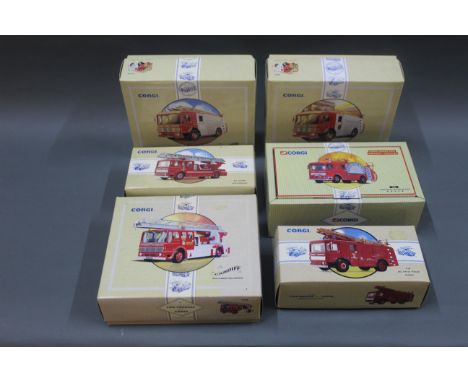A group of six boxed Corgi Classics fire engine die-cast models: AEC Ladder Staffordshire (97352), the Nottinghamshire AEC Pu
