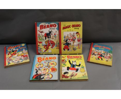 Six early Beano annuals, The Magic Beano (1949,1950), The Beano Book (1951, 1952, 1953, 1954).