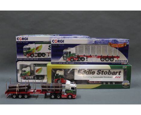 Three Corgi and Cararama 1:50 scale die cast Eddie Stobart lorries: a limited edition Scania R moving floor trailer (CC13768)