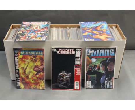 A box of mostly DC Comic publications, Justice League Of America, Blockbuster, Green Arrow, Green Lantern, Countdown to Infin
