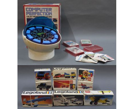 A vintage 1980's Action GT computer perfection game, four packs of Top Trumps cards, and a collection of 1970s Lego  