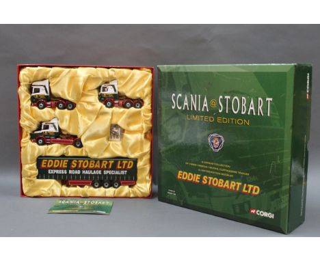 A Corgi 'Scania @ Stobart' limited edition set, 1:50 scale (CC99155), comprising a Scania T cab, a Scania top line, a Scania 