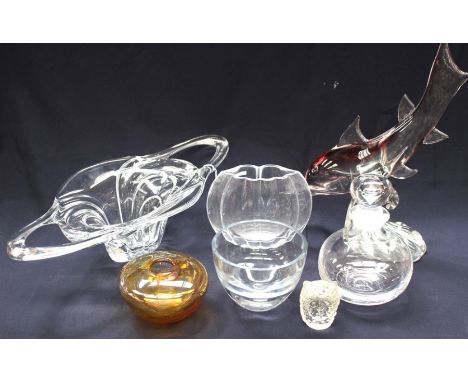 A Murano glass dolphin sculpture, clear glass cased with a ruby core; together with an art glass vase in amber; a Bruno Evrar