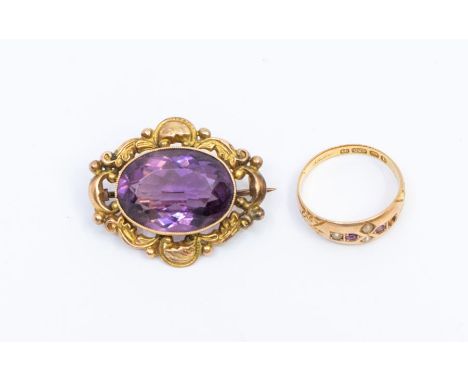 A Victorian pearl and ruby set 15ct gold ring, (missing 1 pearl) size M1/2, along with a Victorian amethyst brooch, with oval