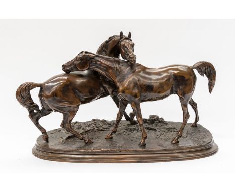 After Pierre Jules Mene (1810-1879)L'Accolade (Stallion and Mare) bronze, signed, the base approx 40cm wide overall 