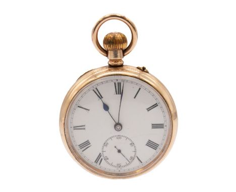 An early 20th century open faced  gold plated pocket watch, comprising a white enamel dial, with numeral markers, subsidiary 