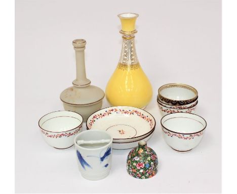 A Canary yellow John Rose Coalport vase, with a small amount of 18th century tea bowls, saucers and others.