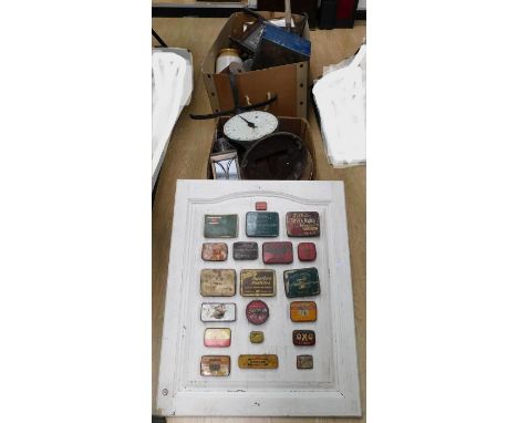 Collection of vintage metal i.e. key, signs, tools, copper etc. in tobacco tins