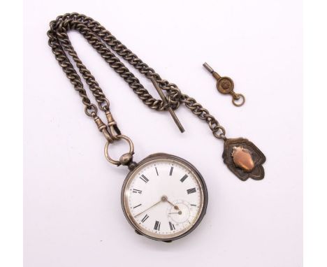 A silver cased open faced pocket watch, white enamel dial with numeral markers, subsidiary dial at 6, case approx 50mm, engin