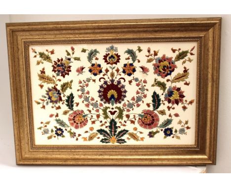 Pecs large floral enamel decorated tile, in frame