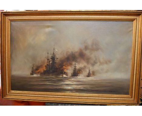 Anthony Hedges - an oil painting on canvas of a seascape scene with Naval dreadnoughts under fire, within gilt frame, signed 