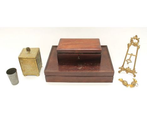 19th century trinket box, brass easel, brass tea caddy, canteen of cutlery and small items of decorative metal wares.