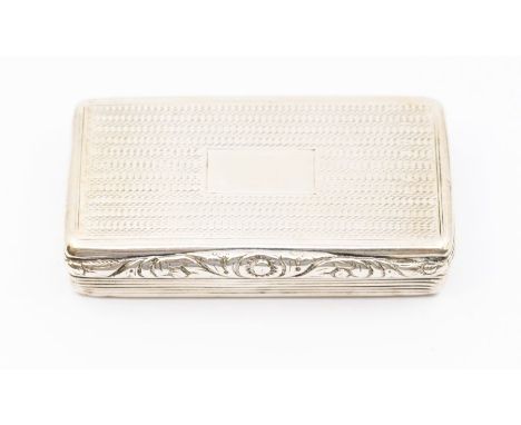 A George IV silver rectangular snuff box, basket weave engraved decoration, vacant cartouche, reeded sides, ornate thumbpiece