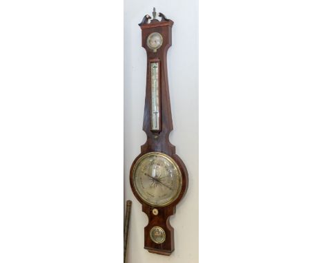 Hoon of Ashbourn (Ashbourne) 4 piece banjo style barometer. Contained in a flame mahogany case with swan neck pediment adams 