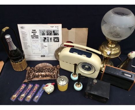 Brass Oil lamp, bottle of bubbly, radio alarm , radio records and other items