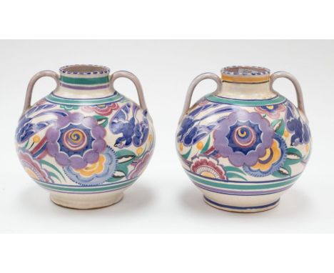 Two Poole pottery Bluebird two handled spherical 7" vases, circa late 1920s, with impressed Cartier Stabler & Adams to unders
