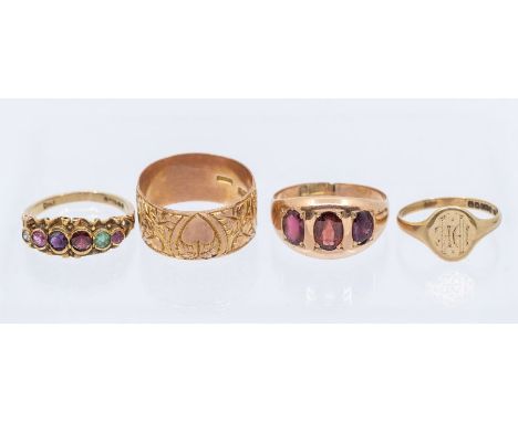 A collection of four 9ct gold  rings, to include a Regard ring, set with ruby, emerald, garnet, amethyst, ruby and diamond, s