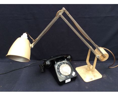 A 1960's black vintage telephone, working, along with a 1950/60's metal Anglepoise lamp