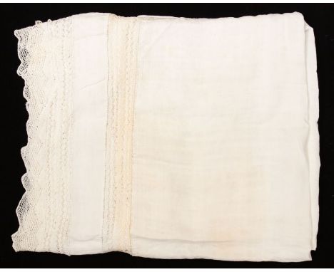 An early Dutch linen bedcover with a possible date of 1742? embroidered in a gold colour. The item is trimmed in Georgian lac