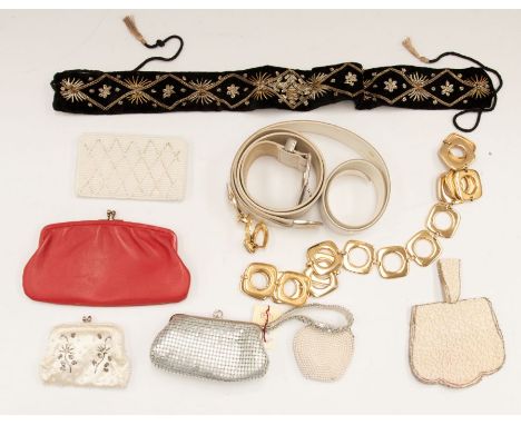 An assorted lot of evening purses to include a silver dents purse 1960s/70s, a pearl purse with decorated gold bugle beads, a