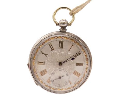 An early 20th century open faced pocket watch, comprising an ornate decorative silvered dial, with gilt numeral markers and f