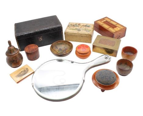 A collection of treen items: small boxes, Victorian trinket box, early 20th century brass cigarette box and a Mauchline ware 
