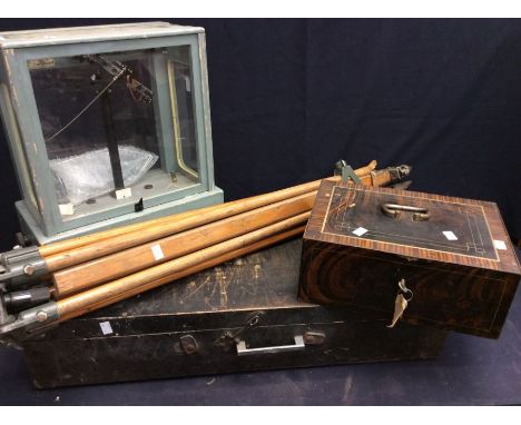 Early 20th Century surveyors boxed equipment with tripod cased scales, strong box (lock not working).