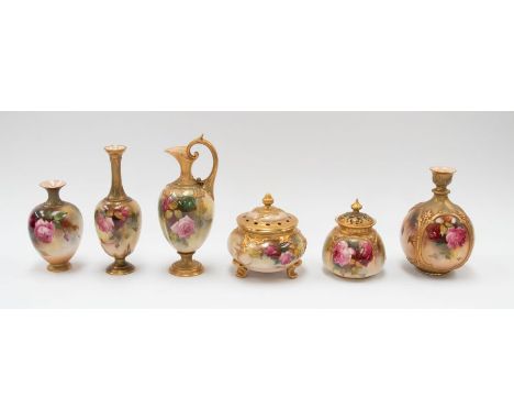 Royal Worcester - A collection of blush ivory hand painted pieces to include; three vases, two pot pourri pots, one jug. Patt
