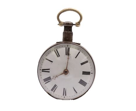A George III silver pair cased verge pocket watch (missing outer case) white enamel dial with numeral markers, case approx 50