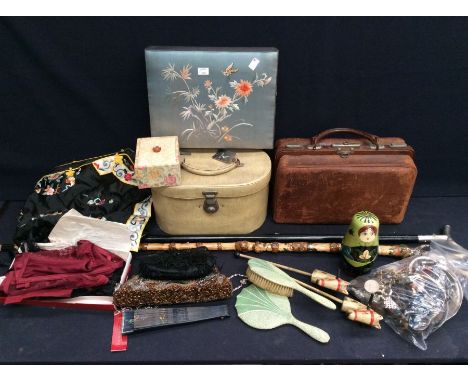 Collection of vintage purses, clothing, leather, bag, coins, costume jewellery, fan etc including two walking sticks