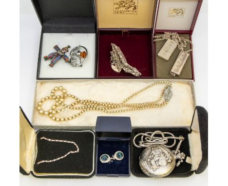 A collection of costume jewellery to include two silver ingot pendants, a gate bracelet, costume brooches, faux pearls and a 