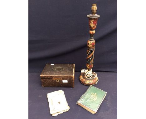 An early 20th century Continental lacquered lamp; a 19th century trinket box; a collection of 19th century cards and photogra