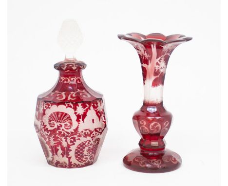 Late 19th century early 20th century bohemian ruby glass etched perfume bottle and vase.&nbsp;&nbsp;