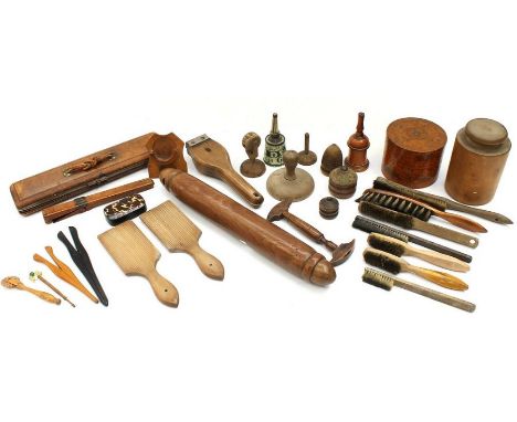 An interesting collection of treen and wooden items, to include: Tunbridge Ware pocket watch holder; early 20th century Clark