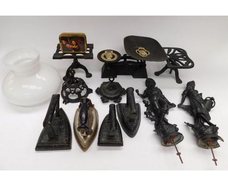A collection of brass and copper wares, spelter French figures, cast early 20th century ceiling oil lamp, bed pan tins, cased